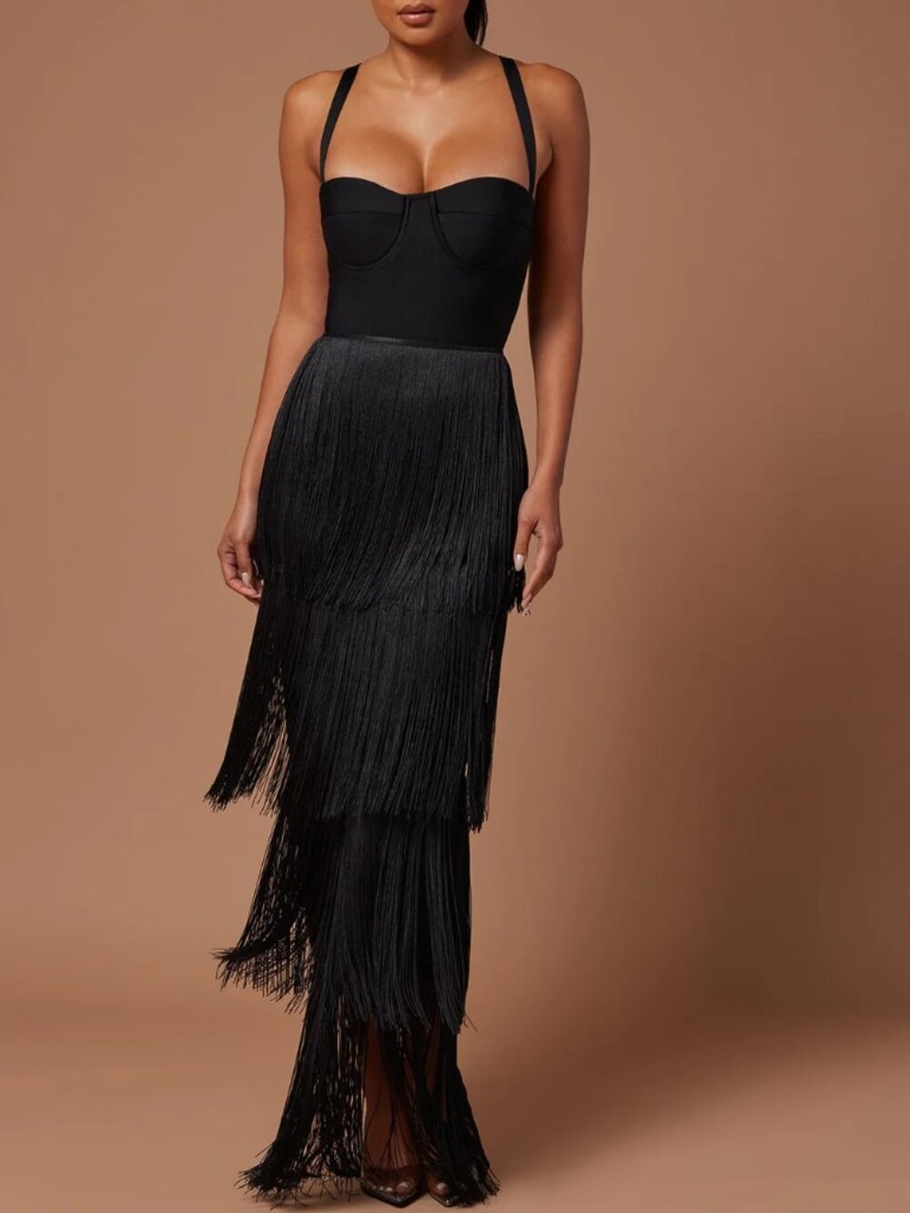 Black Fringe Bandage Maxi Dress – Women’s Size [SMALL] – Black Evening Gown